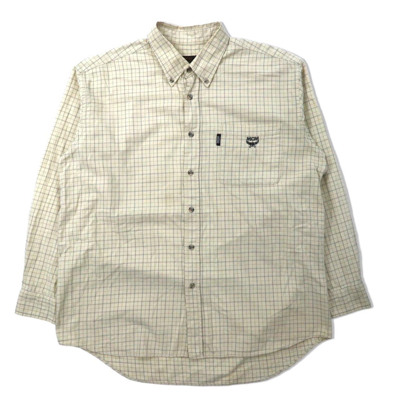 MCM ビッグサイズ ボタンダウンシャツ LL ベージュ チェック コットン ワンポイントロゴ刺繍