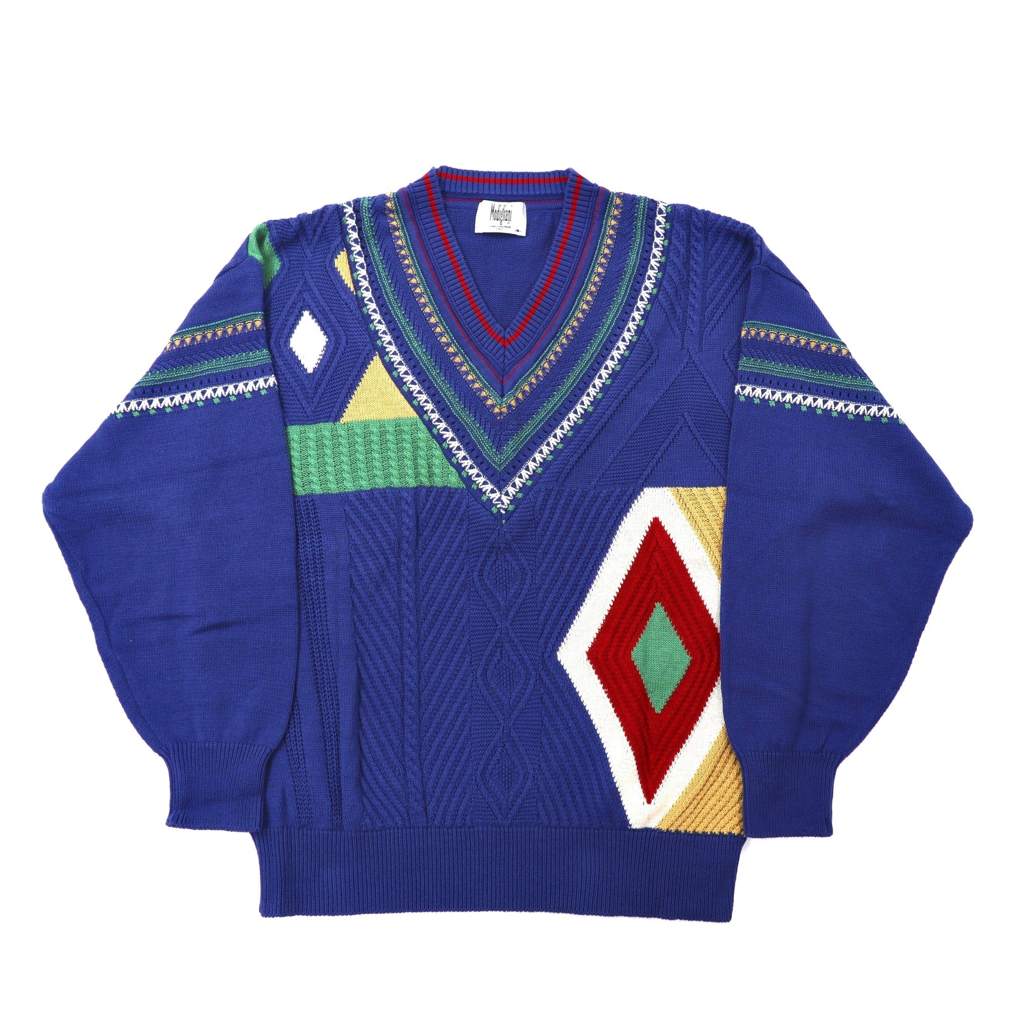 MODIGLIANI patterned V-Neck Knit Sweater M Blue Acrylic – 日本然リトテ