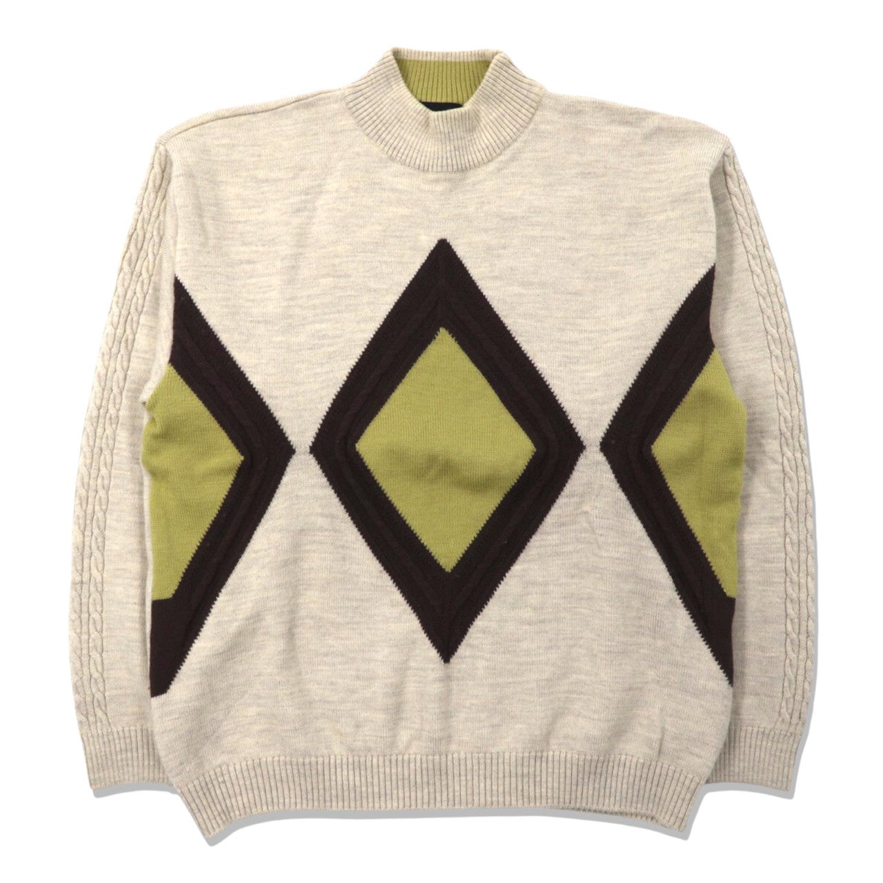 Mr.junko SQUARE High neck knit sweater L beige wool geometric 