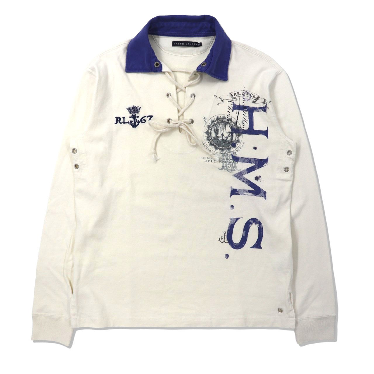 RALPH LAUREN Lace -up RUGBY SHIRT M White Cotton Logo Embroidery