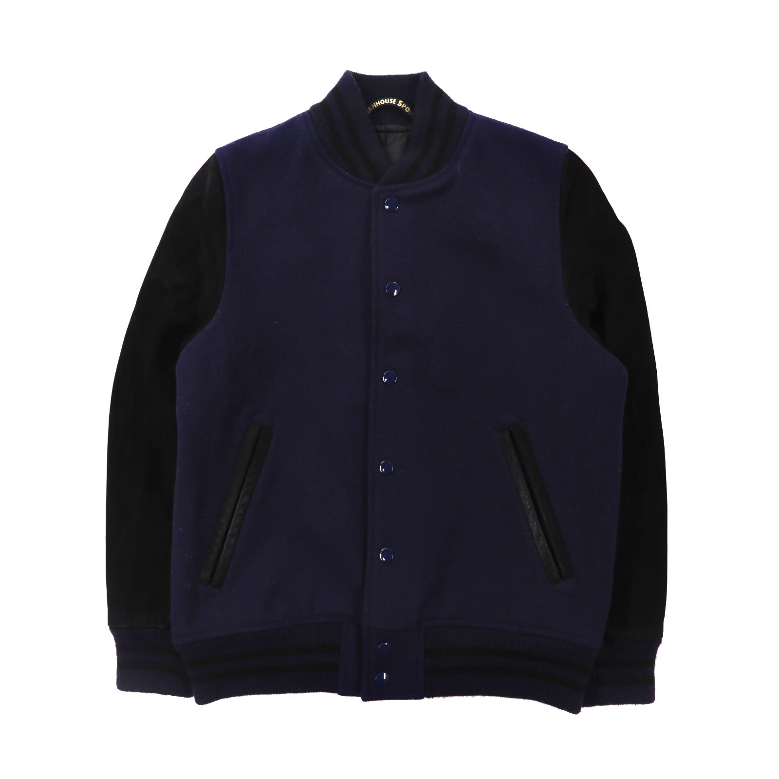 SHANHOUSE Leather Switching baseball jacket 38 Navy Wool Room