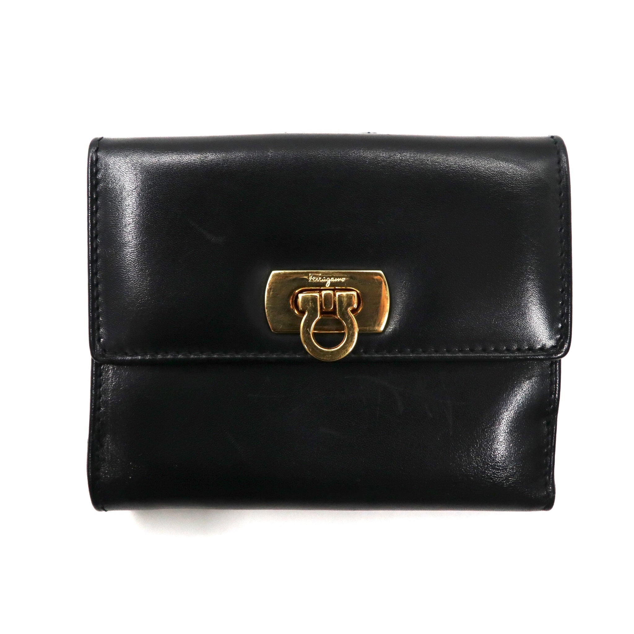 Salvatore Ferragamo 3 -fold wallet Black Leather Ganchini Bracket