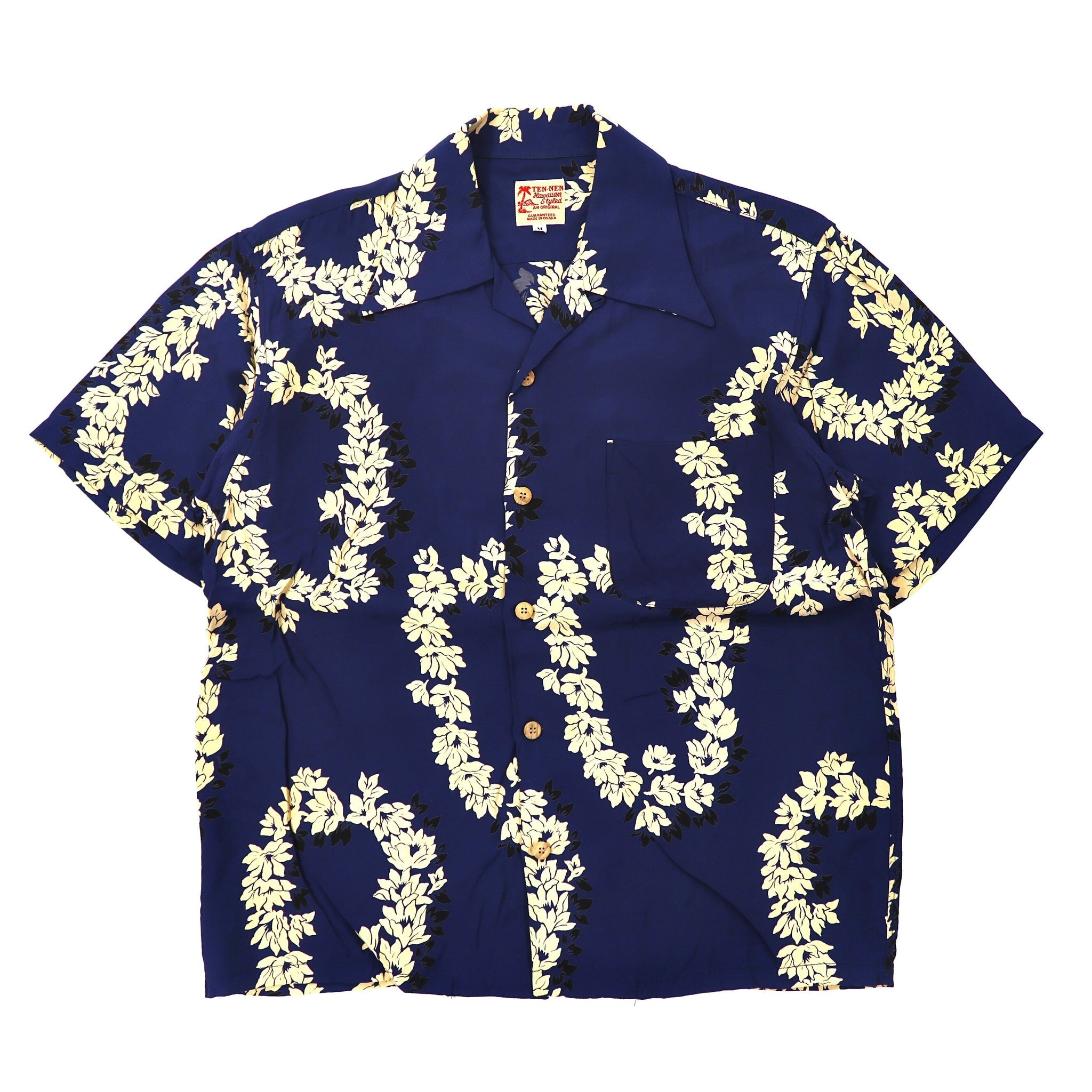 Ten-Nen Hawaiian Shirt M Navy Rayon Patterned Hibiscus Japan 