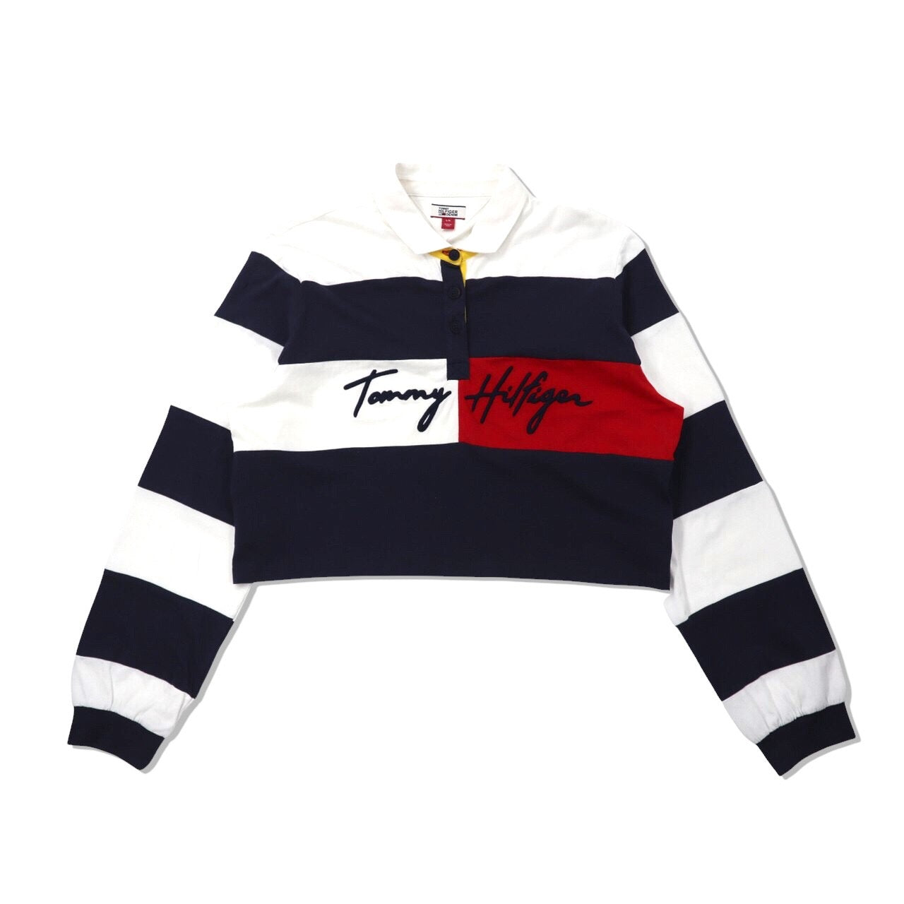 TOMMY HILFIGER Cropped Rugby Shirt L White Striped Cotton logo