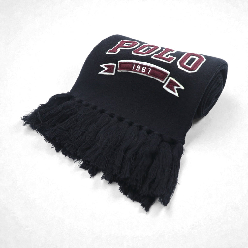 Polo Ralph Lauren カレッジロゴ  フリンジ マフラー ストール ブラック ポニー ロゴ 刺繡 POLO 1967