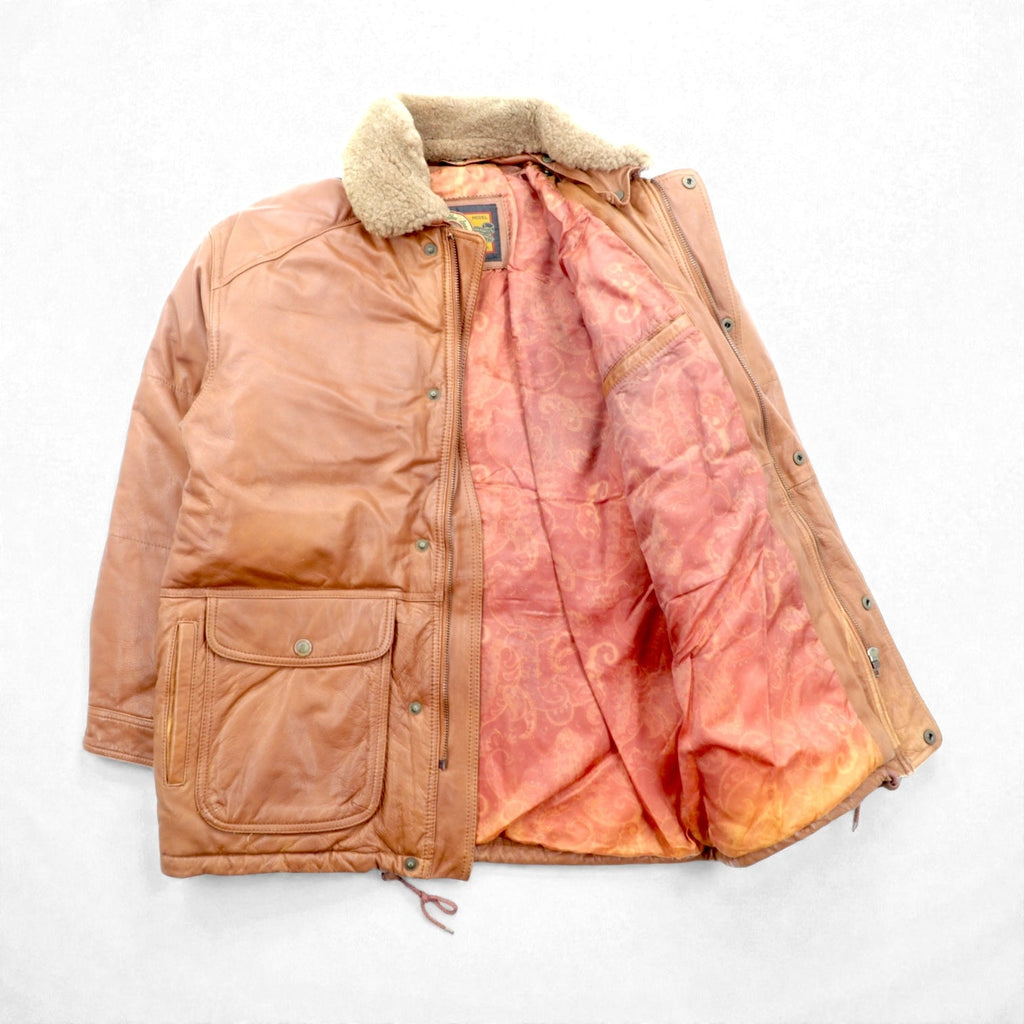 B'SPARE 牛革 レザージャケット XL キャメル ブラウン 襟ボア 裏地ペイズリー柄