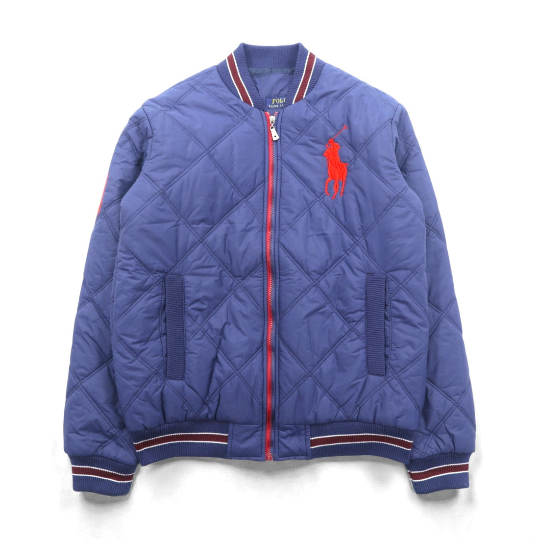 Polo Ralph Lauren Big Pony Padded Quilted Varsity Jacket, Large, Navy, Zip-Up, Ribbed Embroidery