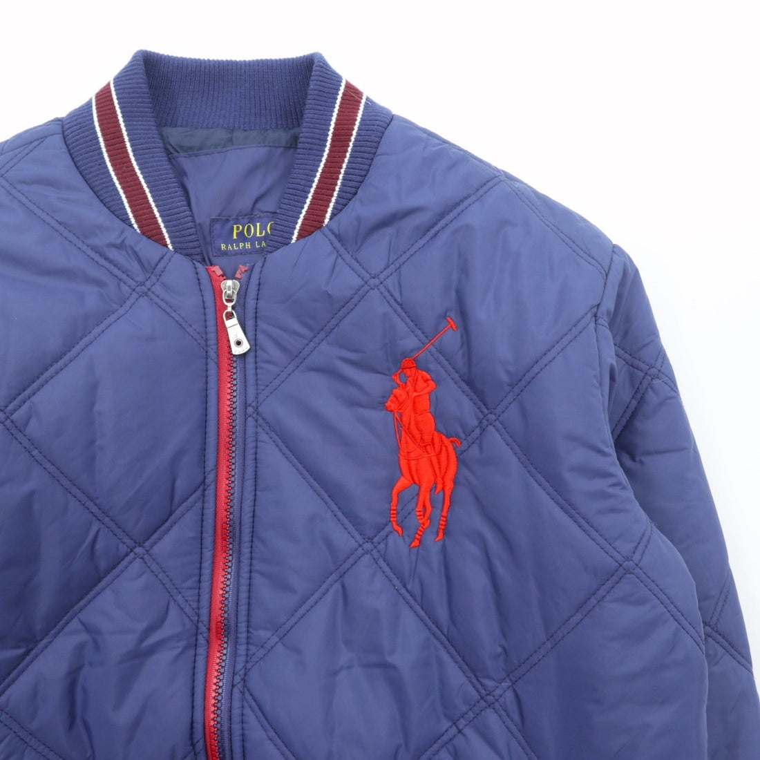 Polo Ralph Lauren Big Pony Padded Quilted Varsity Jacket, Large, Navy, Zip-Up, Ribbed Embroidery