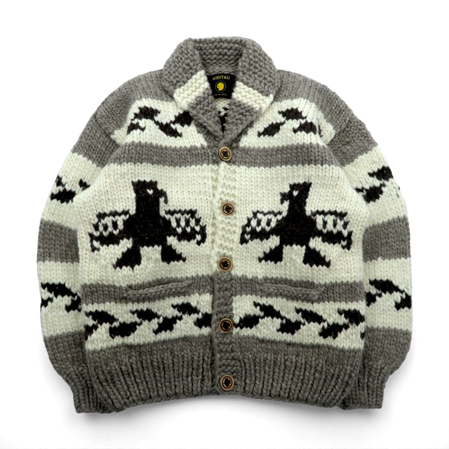 90s Canada Vintage Cowichan KISITAU カウチンセーター メープルウッドボタン ニット カーディガン L サンダーバード 90年代 カナダ製