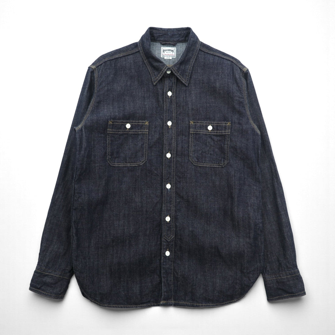HOUSTON USACotton Denim Work Shirt, Size L, Navy/Indigo, Triple-Needle Stitching, Open Loop, 2024 Model
