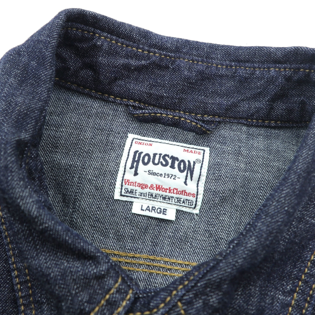 HOUSTON USACotton Denim Work Shirt, Size L, Navy/Indigo, Triple-Needle Stitching, Open Loop, 2024 Model