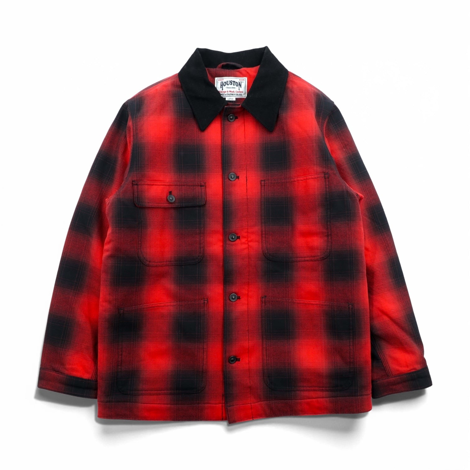 HOUSTON オンブレグレンチェック ビエラ 中綿 カバーオール ハンティングジャケット L レッド 襟コーデュロイ 2024FW 51406