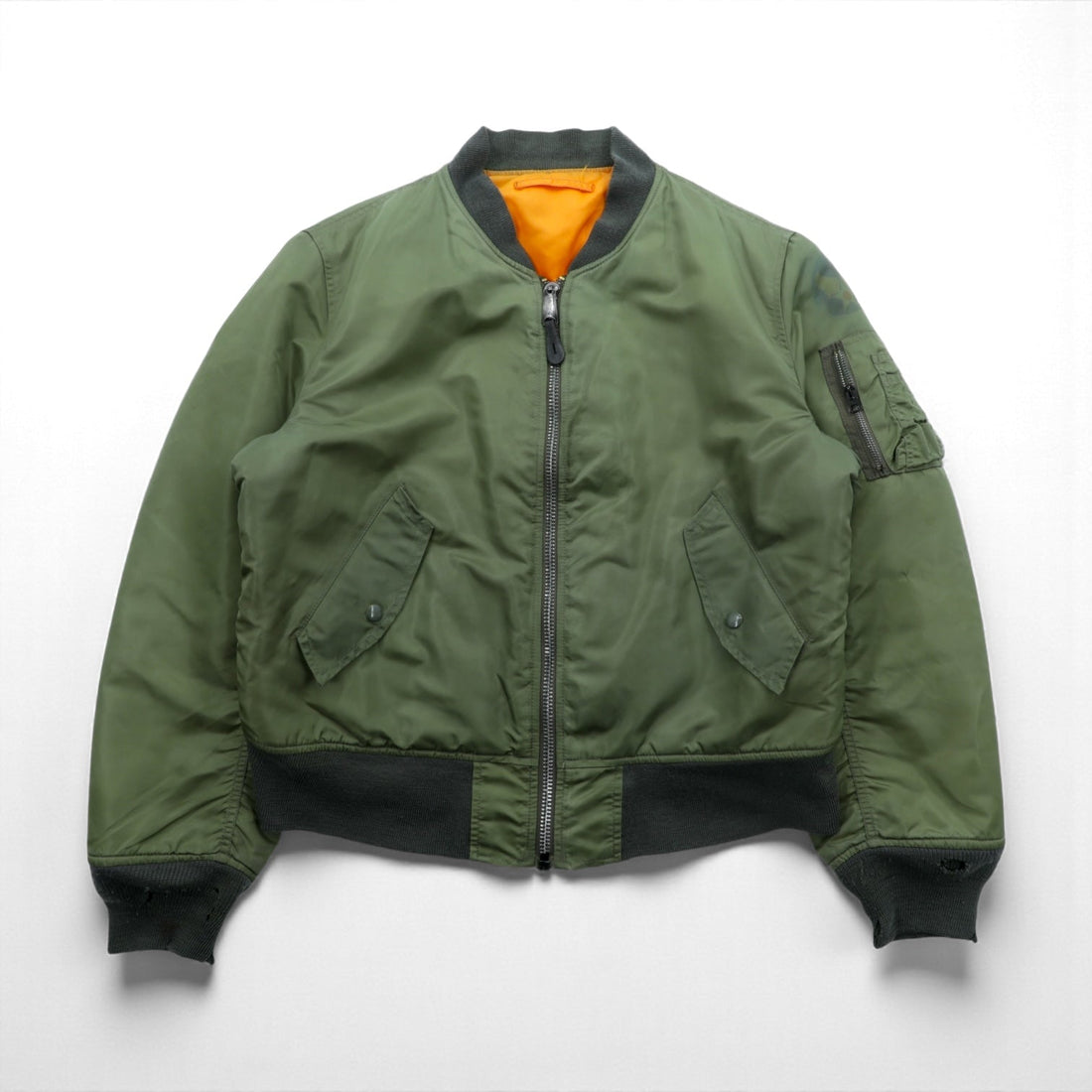 ALPHA INDUSTRIES 90s Made in USA USAF MA-1 Flight Bomber Jacket, Size M, Khaki Nylon, Reversible, Military