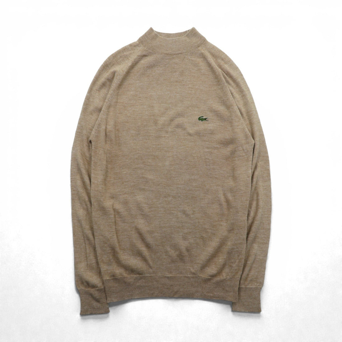 IZOD LACOSTE 70年代 モックネック ニット セーター L ベージュ ウール ワンポイントロゴ 糸巻タグ ハイネック