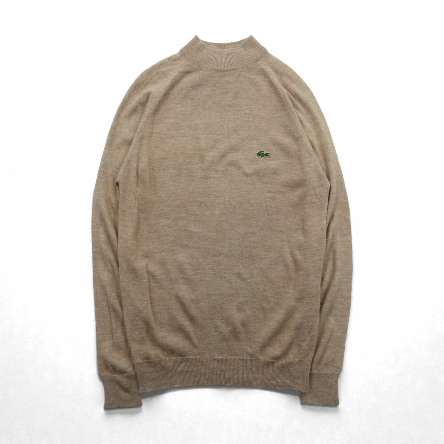 IZOD LACOSTE 70年代 モックネック ニット セーター L ベージュ ウール ワンポイントロゴ 糸巻タグ ハイネック