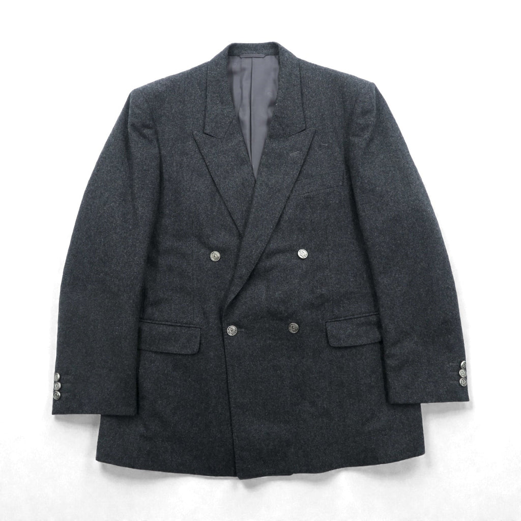 Christian Dior 80s Made in Japan Vintage Peak Lapel Double-Breasted Leather Tailored Jacket, XL Gray Wool with Metal Buttons