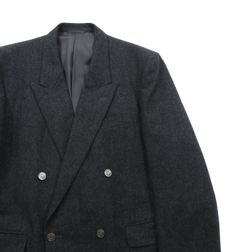 Christian Dior 80s Made in Japan Vintage Peak Lapel Double-Breasted Leather Tailored Jacket, XL Gray Wool with Metal Buttons