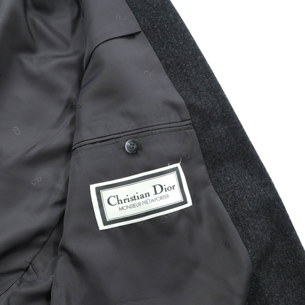 Christian Dior 80s Made in Japan Vintage Peak Lapel Double-Breasted Leather Tailored Jacket, XL Gray Wool with Metal Buttons