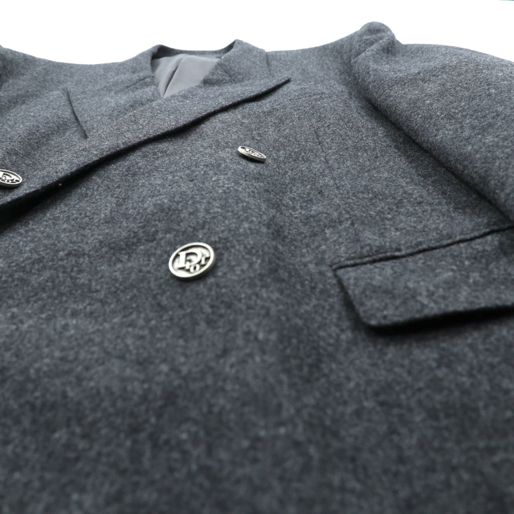 Christian Dior 80s Made in Japan Vintage Peak Lapel Double-Breasted Leather Tailored Jacket, XL Gray Wool with Metal Buttons