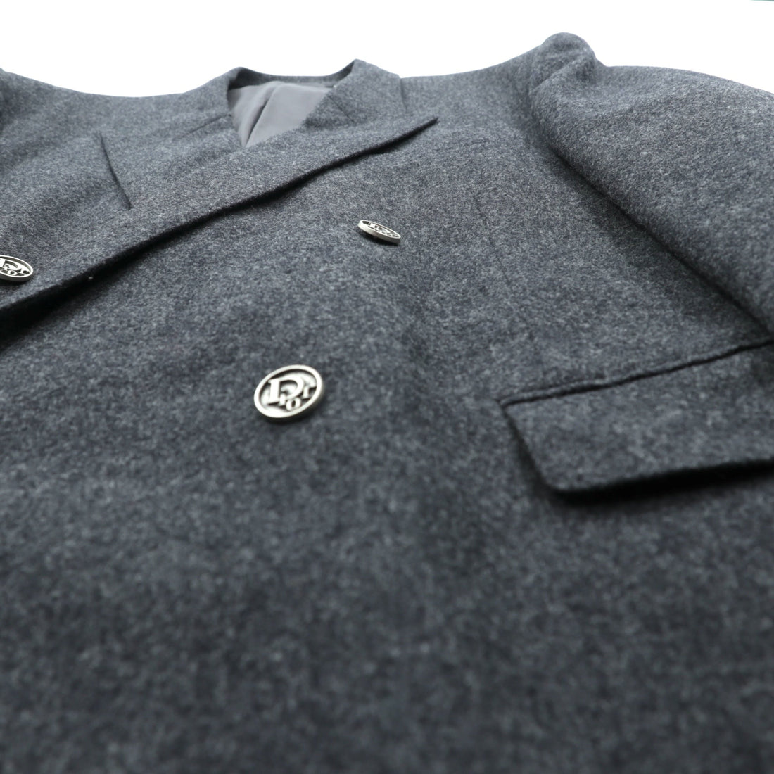 Christian Dior 80s Made in Japan Vintage Peak Lapel Double-Breasted Leather Tailored Jacket, XL Gray Wool with Metal Buttons