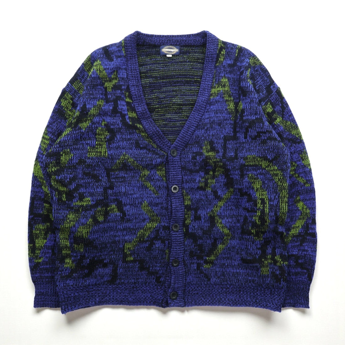 TOWNCRAFT 90s Jacquard Knit Allover Pattern Cardigan, XL, Navy Acrylic, V-Neck