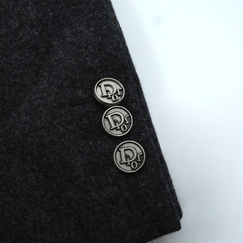 Christian Dior 80s Made in Japan Vintage Leather 2B Tailored Jacket, Leather, XL, Gray Wool, Metal Buttons