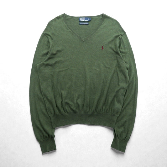 Polo Ralph Lauren 90年代 Vネック ピマコットン ニット セーター L カーキ スモールポニー刺繍