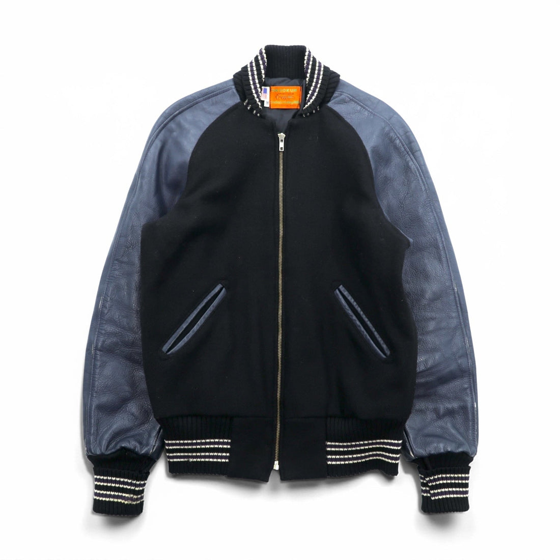SKOOKUM Made in USA Varsity Jacket, Size Small, Navy, Leather Sleeves, Melton Wool, Ribbed, Centralia Knitting Mills