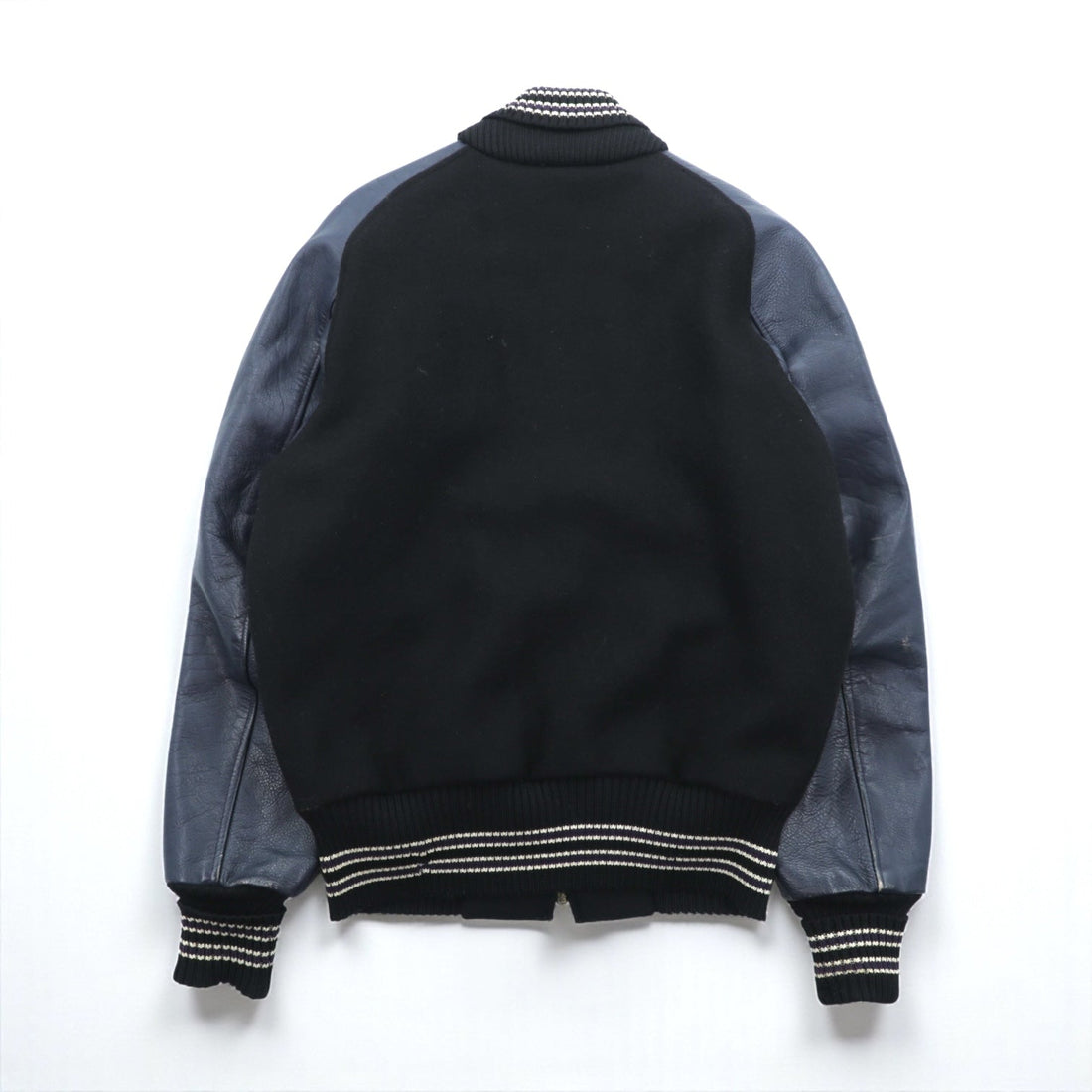 SKOOKUM Made in USA Varsity Jacket, Size Small, Navy, Leather Sleeves, Melton Wool, Ribbed, Centralia Knitting Mills