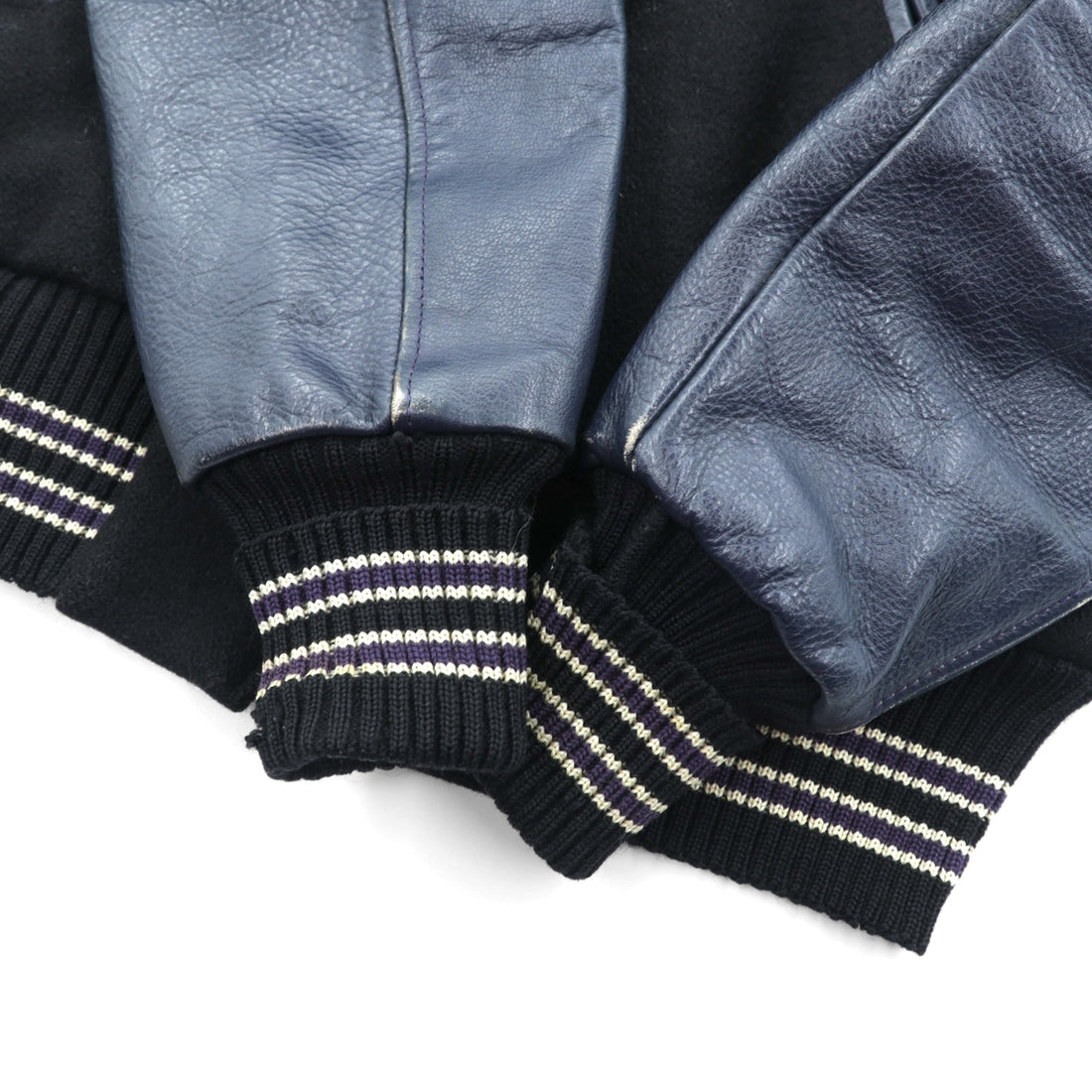 SKOOKUM Made in USA Varsity Jacket, Size Small, Navy, Leather Sleeves, Melton Wool, Ribbed, Centralia Knitting Mills