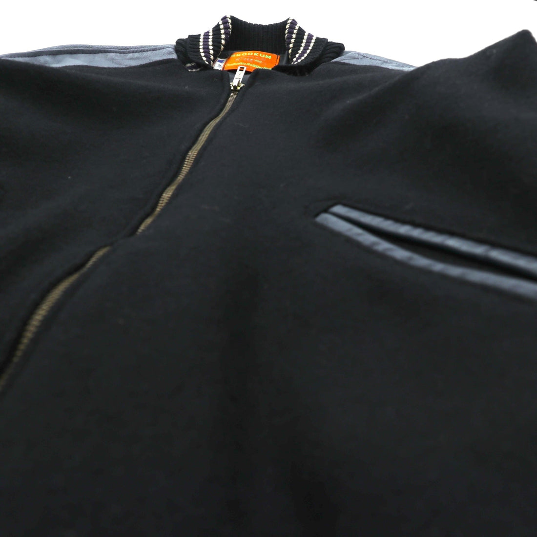 SKOOKUM Made in USA Varsity Jacket, Size Small, Navy, Leather Sleeves, Melton Wool, Ribbed, Centralia Knitting Mills