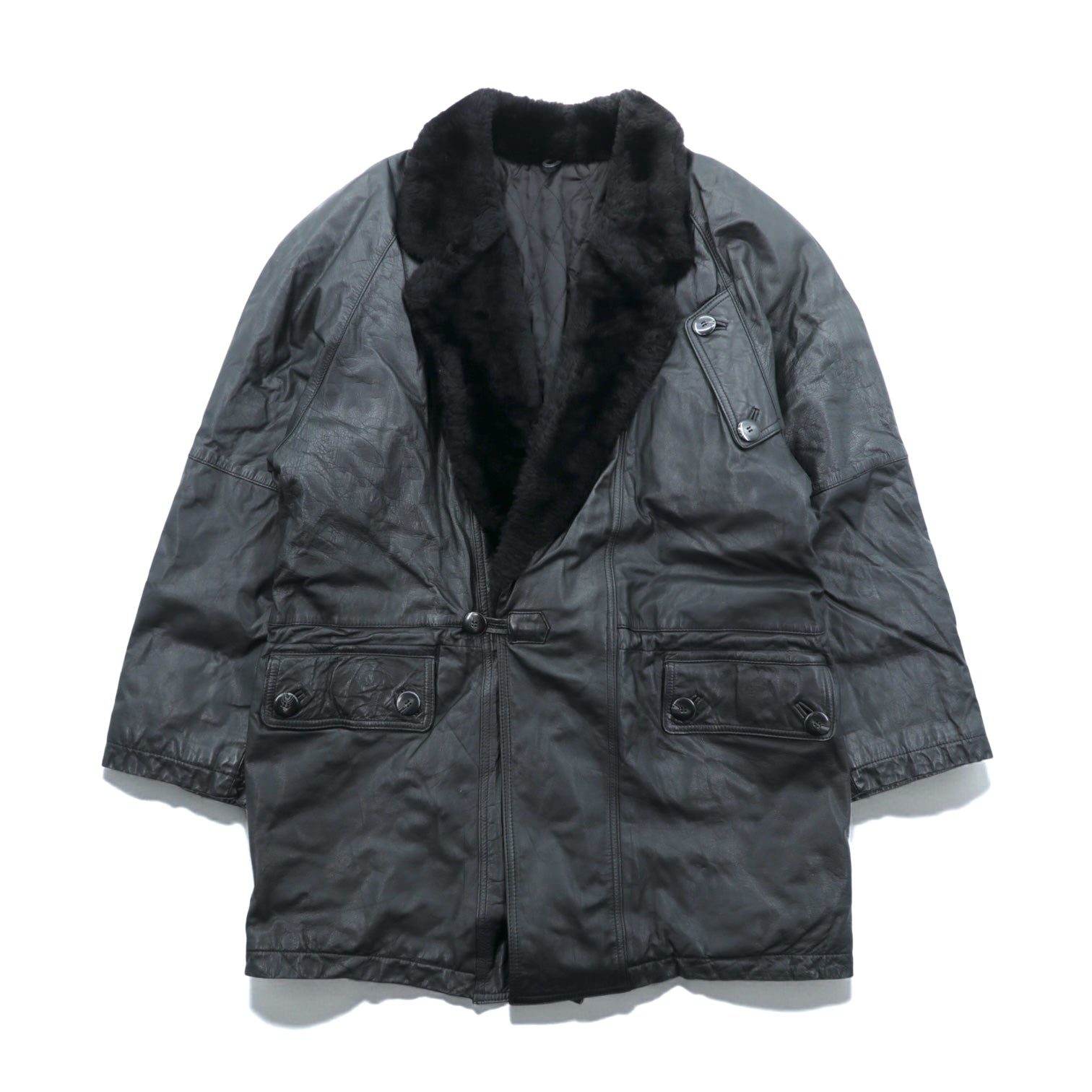 Vintage Black Leather Fur Coat ダブルブレスト レザー カーコート 中綿 XL ショールカラー ファー キルティングライナー ドローコード ZINIZ HOMME