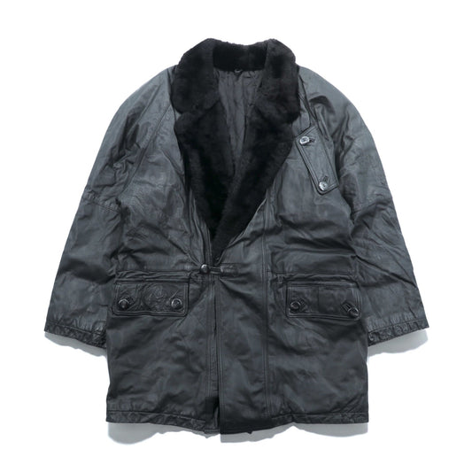 Vintage Black Leather Fur Coat ダブルブレスト レザー カーコート 中綿 XL ショールカラー ファー キルティングライナー ドローコード ZINIZ HOMME