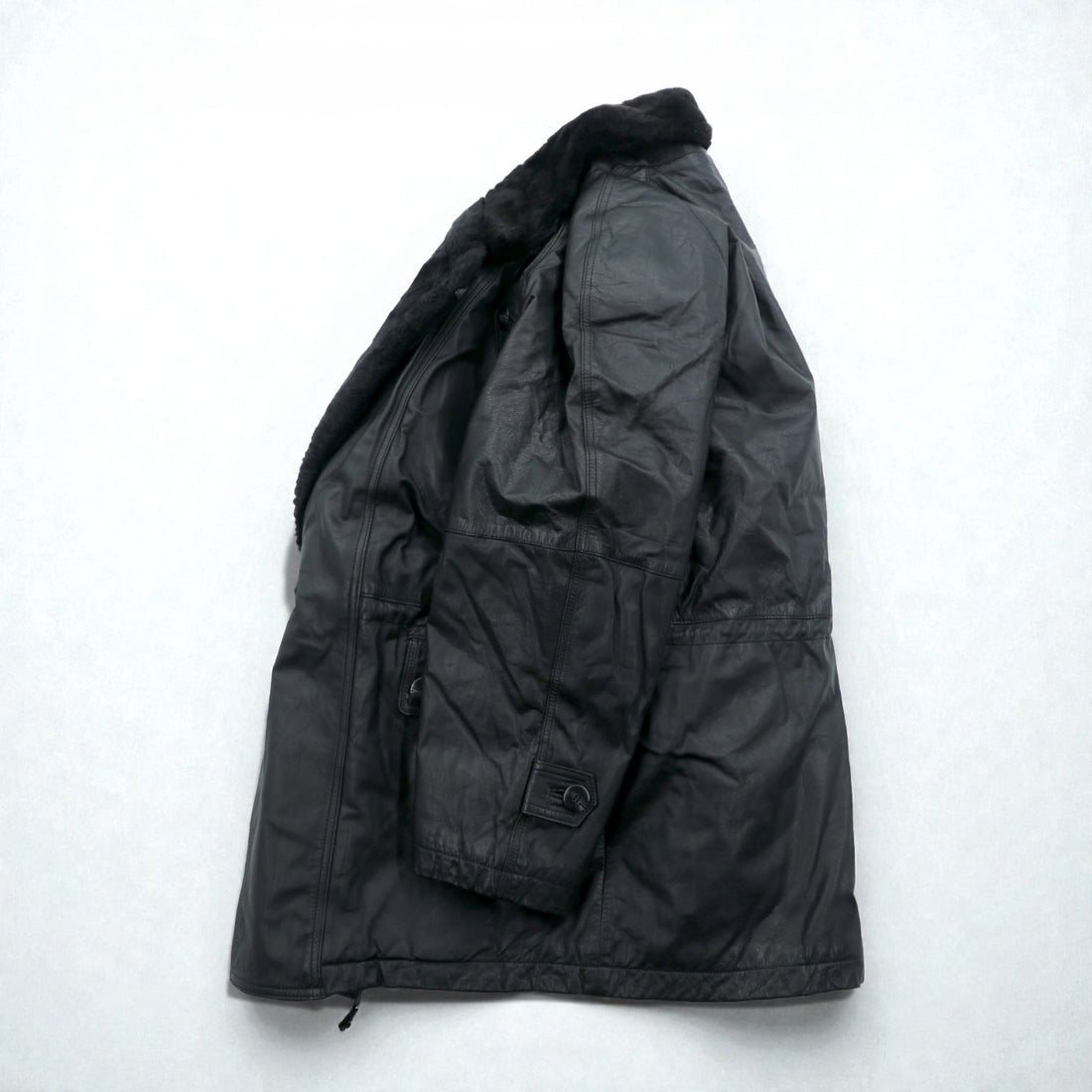 Vintage Black Leather Fur Coat, Double-Breasted, Padded, XL Shawl-Colored Quilted Liner, Drawcord, ZINIZ HOMME