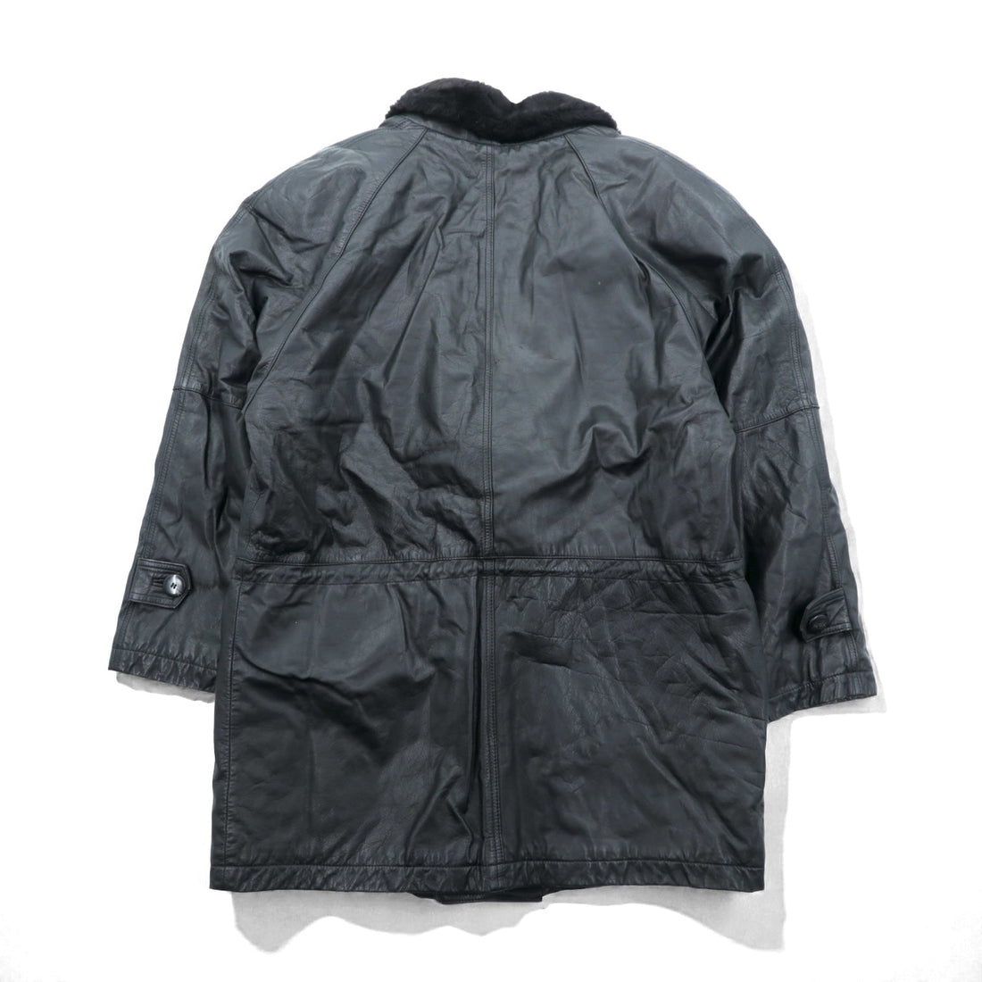 Vintage Black Leather Fur Coat, Double-Breasted, Padded, XL Shawl-Colored Quilted Liner, Drawcord, ZINIZ HOMME