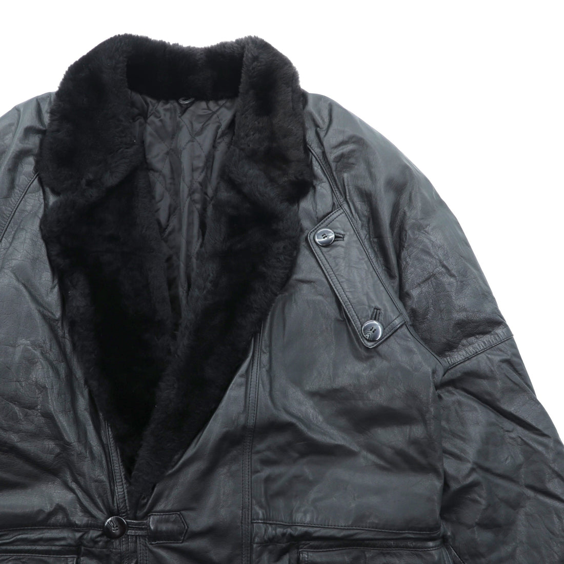 Vintage Black Leather Fur Coat, Double-Breasted, Padded, XL Shawl-Colored Quilted Liner, Drawcord, ZINIZ HOMME