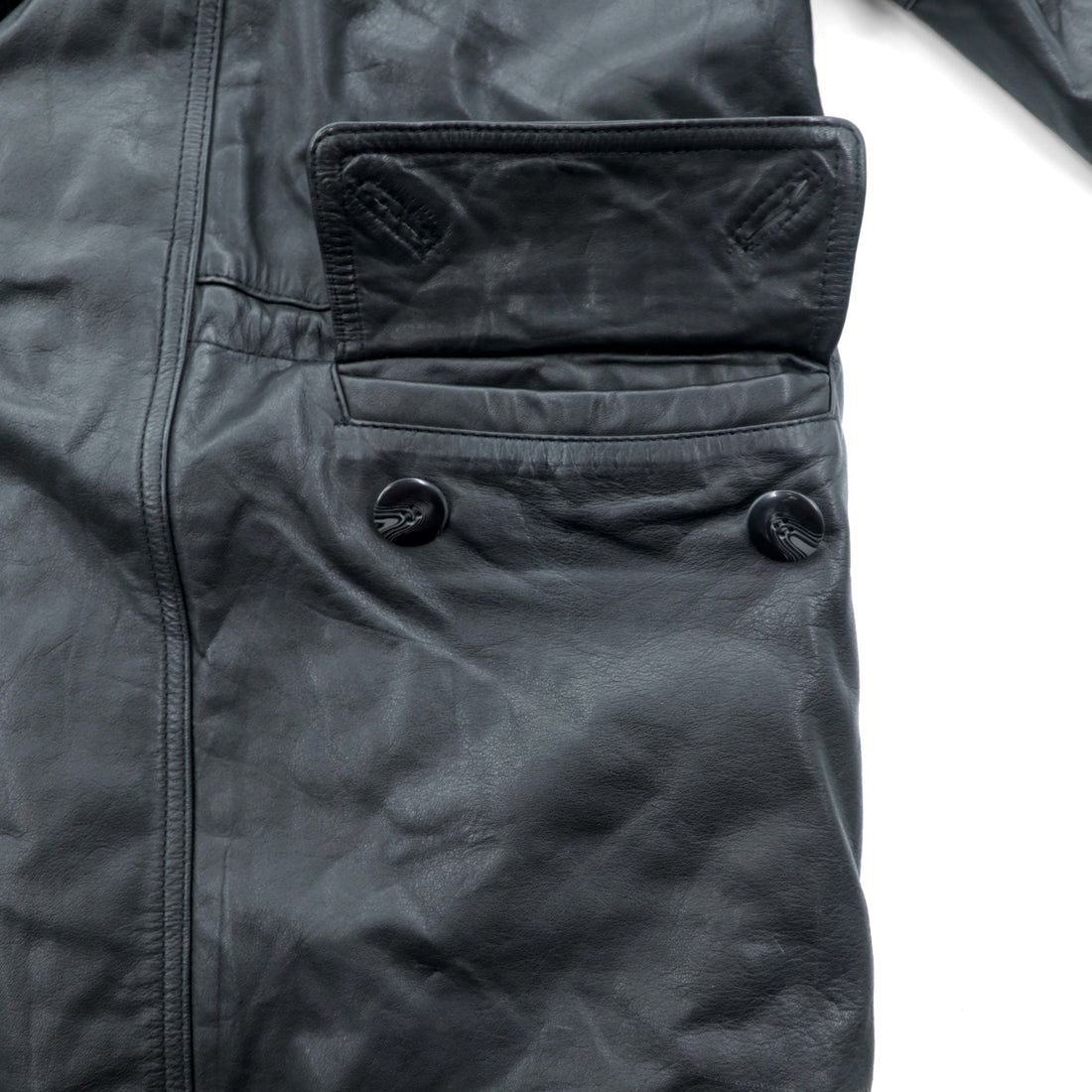 Vintage Black Leather Fur Coat, Double-Breasted, Padded, XL Shawl-Colored Quilted Liner, Drawcord, ZINIZ HOMME