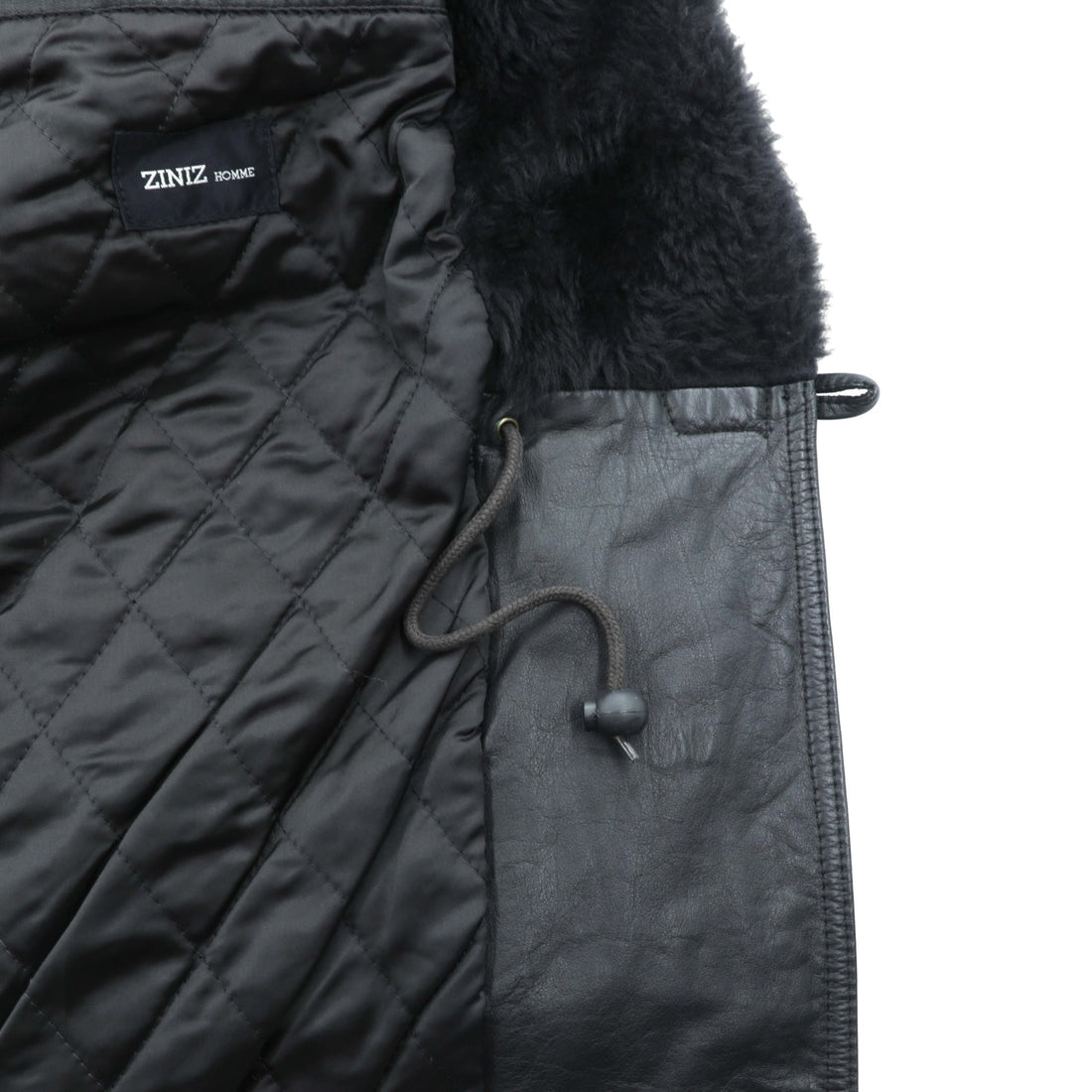 Vintage Black Leather Fur Coat, Double-Breasted, Padded, XL Shawl-Colored Quilted Liner, Drawcord, ZINIZ HOMME