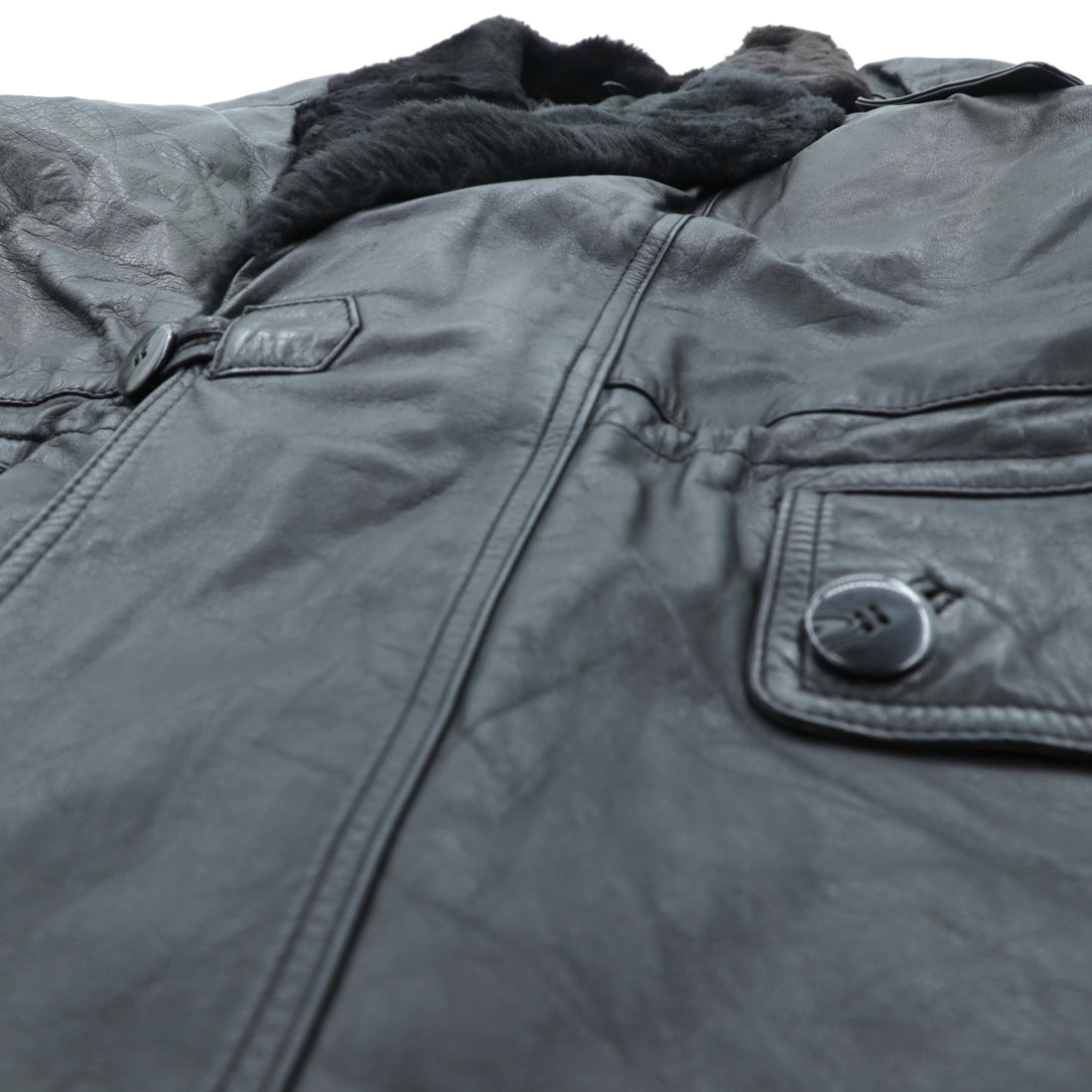 Vintage Black Leather Fur Coat, Double-Breasted, Padded, XL Shawl-Colored Quilted Liner, Drawcord, ZINIZ HOMME