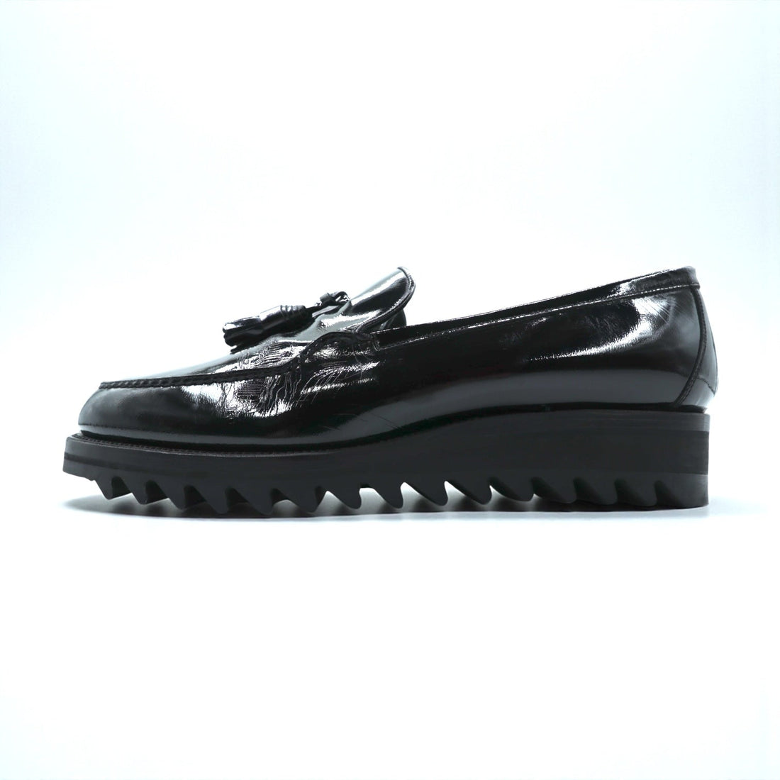 F.LLI.Giacometti Tassel Patent Leather Slip-On Loafers with Shark Sole, Size 28cm, Black Leather, Vibram PIETROSTRADA, Made in Italy