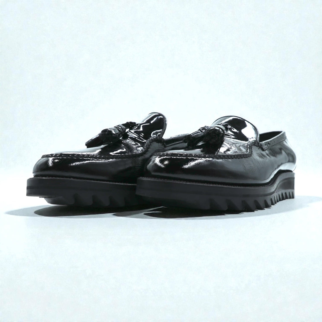 F.LLI.Giacometti Tassel Patent Leather Slip-On Loafers with Shark Sole, Size 28cm, Black Leather, Vibram PIETROSTRADA, Made in Italy