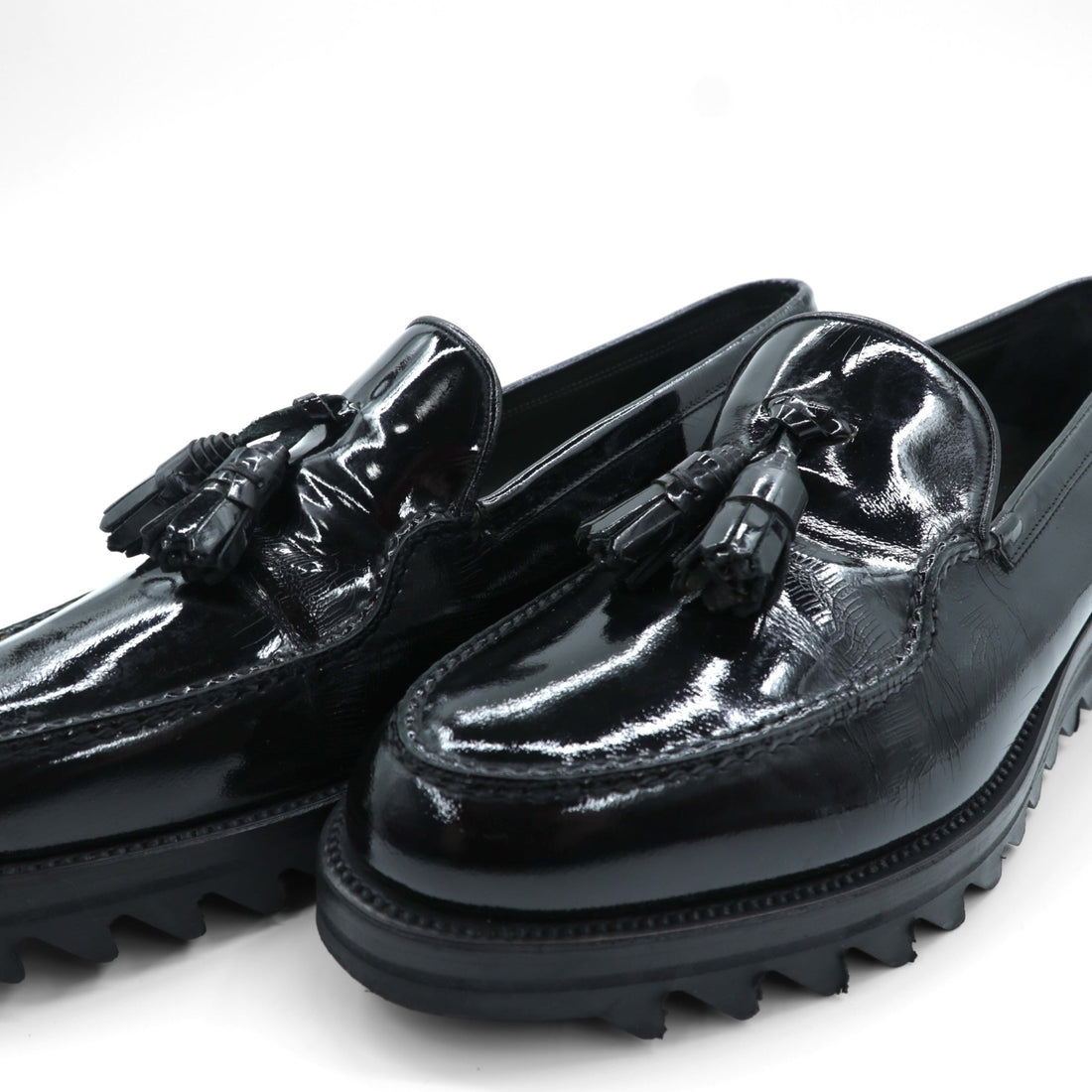 F.LLI.Giacometti Tassel Patent Leather Slip-On Loafers with Shark Sole, Size 28cm, Black Leather, Vibram PIETROSTRADA, Made in Italy