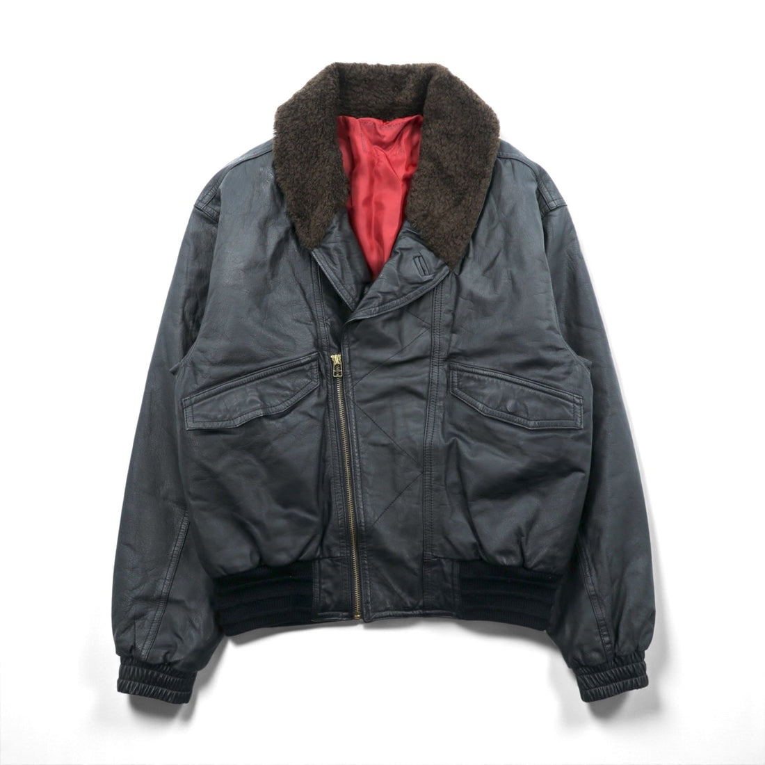 90s Vintage G-1 Leather Bomber Jacket Padded Flight L Black Cowhide Boa Collar