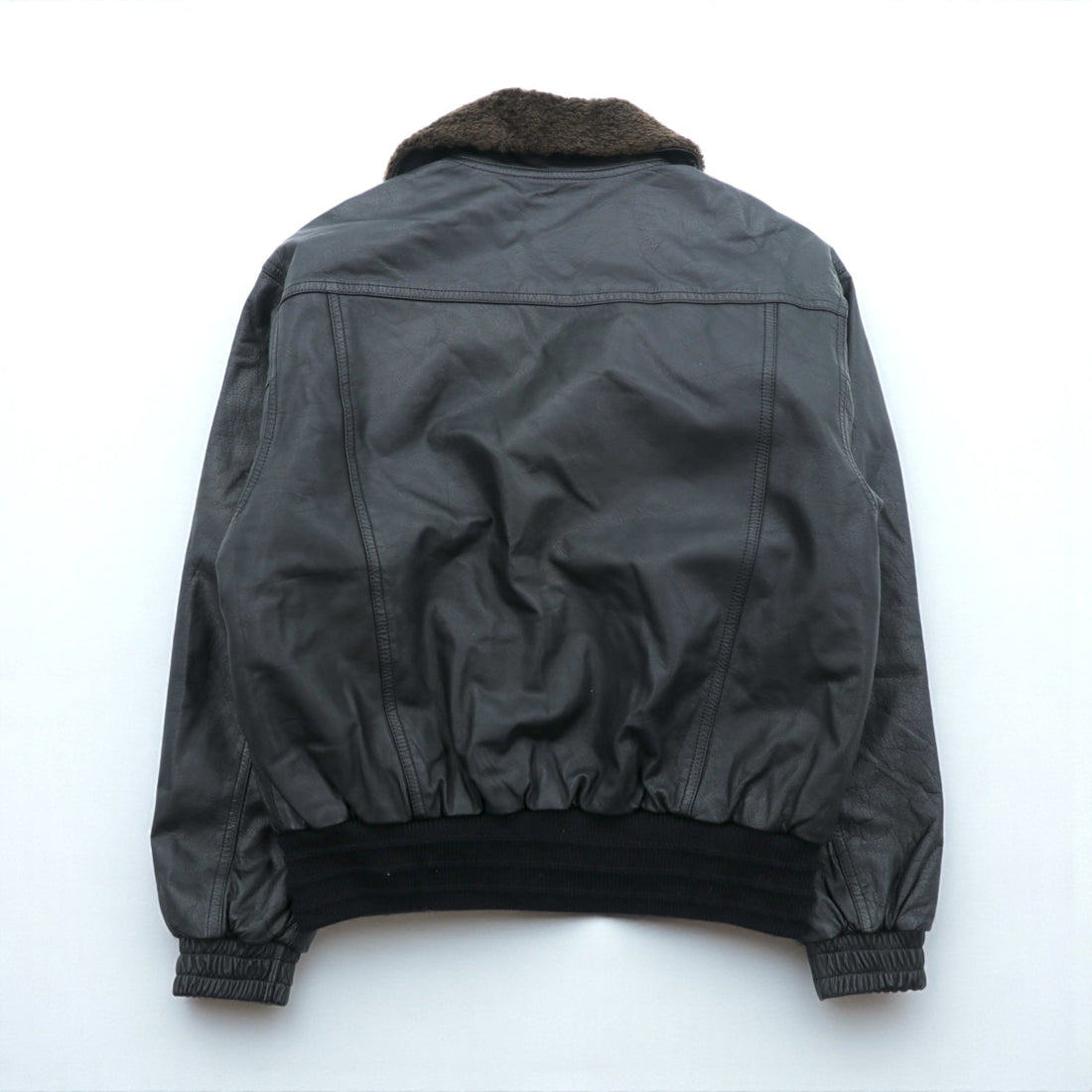 90s Vintage G-1 Leather Bomber Jacket Padded Flight L Black Cowhide Boa Collar