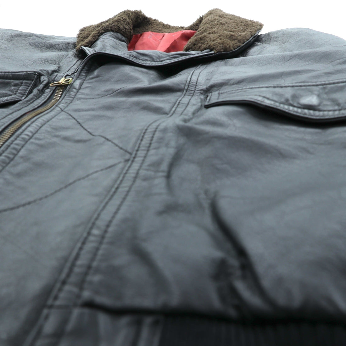 90s Vintage G-1 Leather Bomber Jacket Padded Flight L Black Cowhide Boa Collar