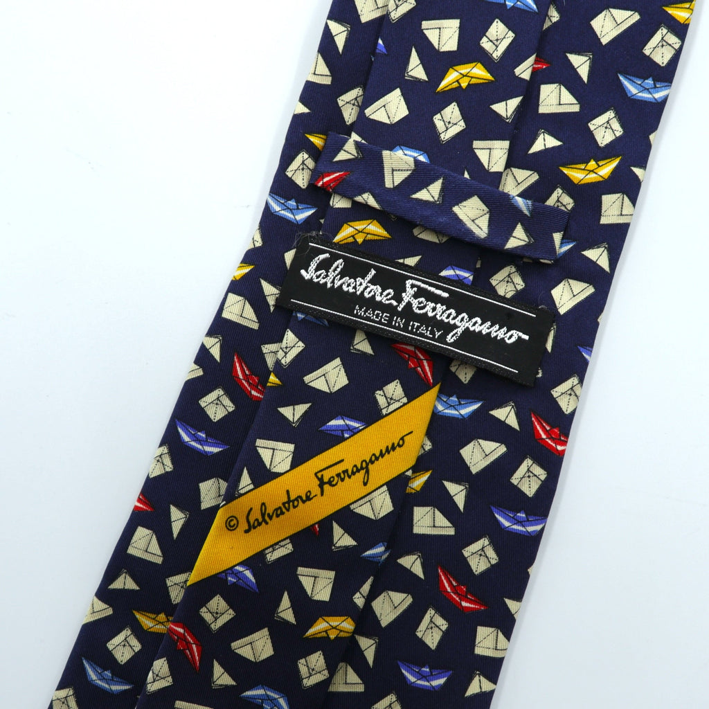 Salvatore Ferragamo イタリア製 ネクタイ ネイビー シルク 総柄 小紋 ジオメトリック 折り紙