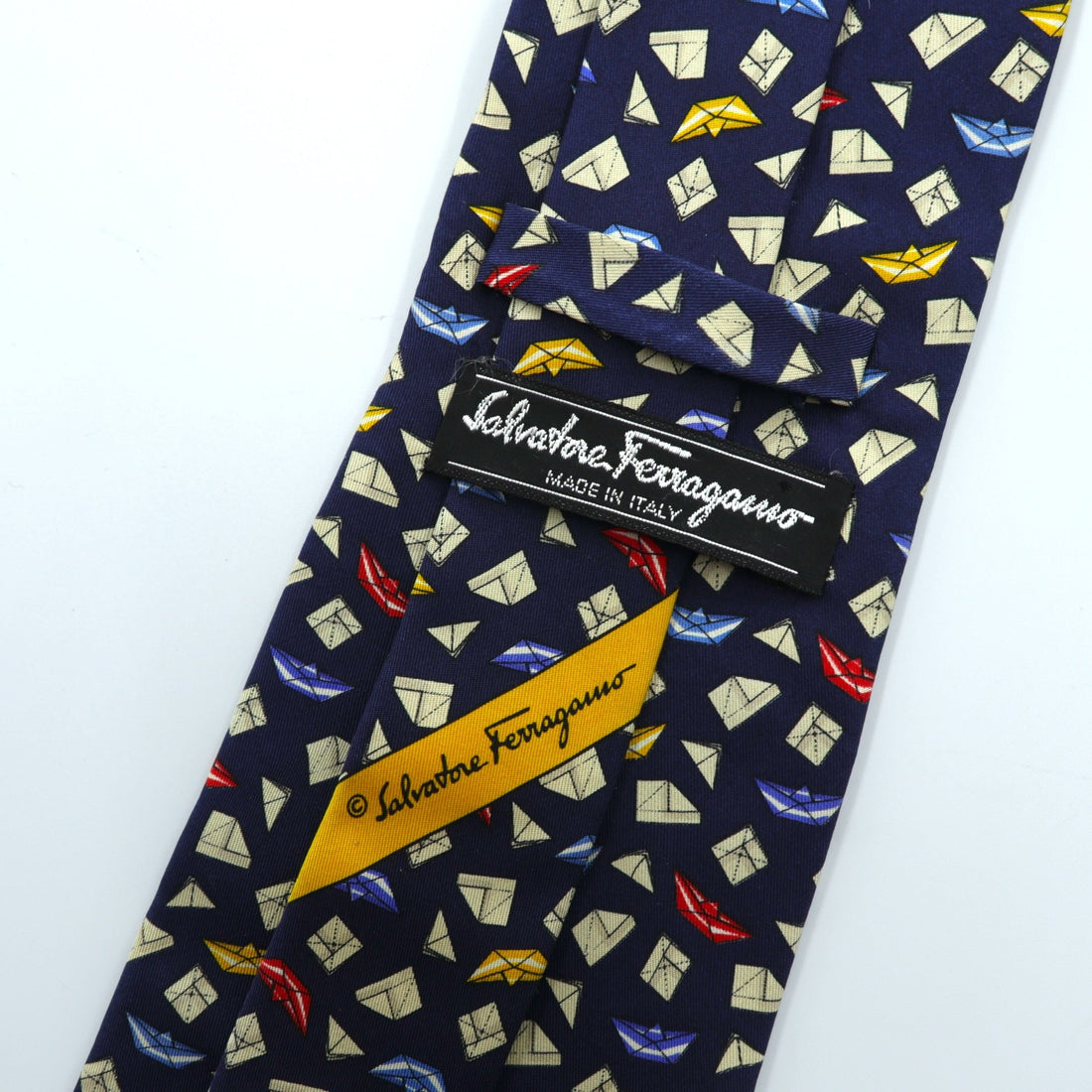 Salvatore Ferragamo イタリア製 ネクタイ ネイビー シルク 総柄 小紋 ジオメトリック 折り紙