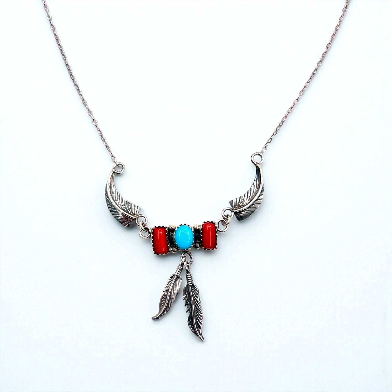 Vintage Feather Sterling Silver Necklace ターコイズ コーラル フェザー ネックレス シルバー STERLING 刻印 インディアンジュエリー