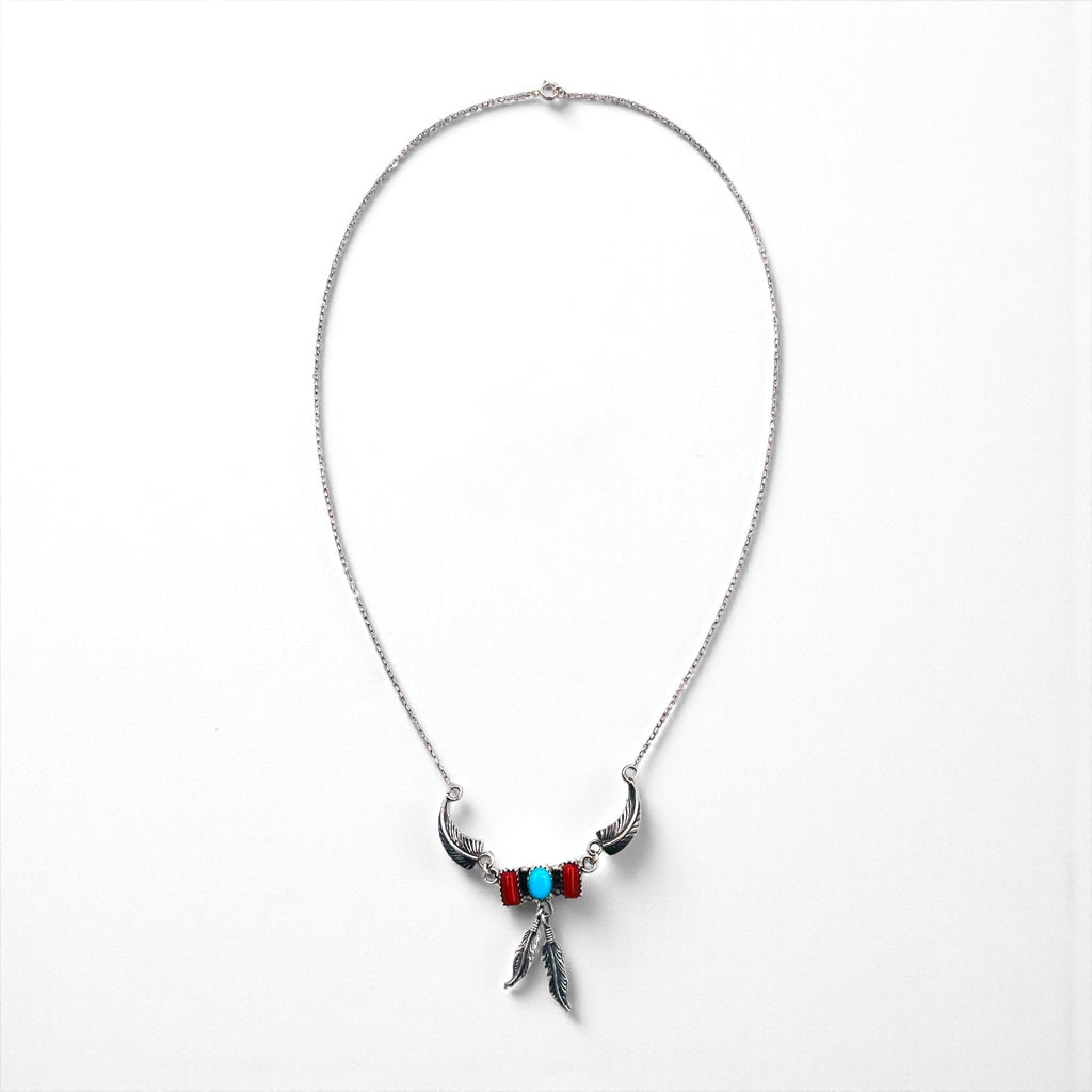 Vintage Feather Sterling Silver Necklace ターコイズ コーラル フェザー ネックレス シルバー STERLING 刻印 インディアンジュエリー