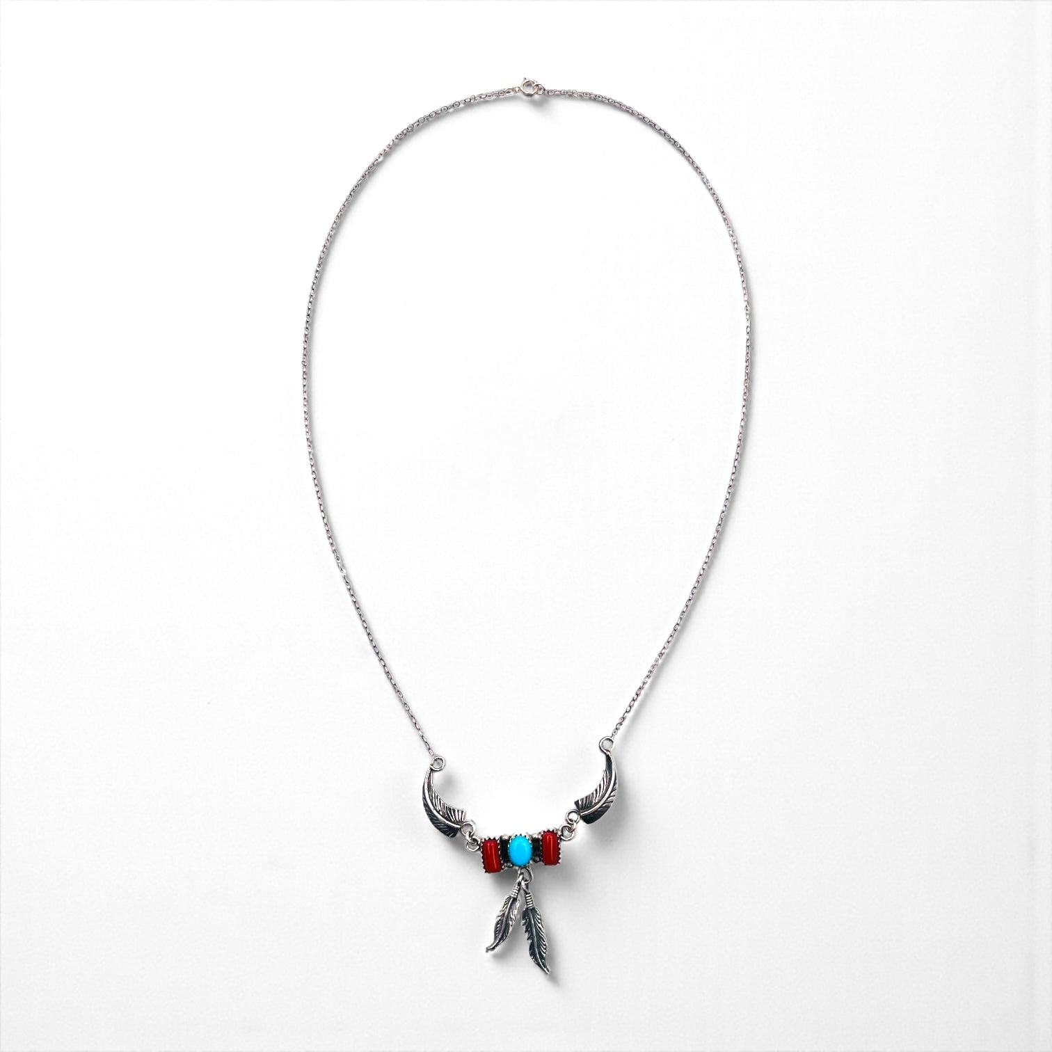 Vintage Feather Sterling Silver Necklace ターコイズ コーラル フェザー ネックレス シルバー STERLING 刻印 インディアンジュエリー